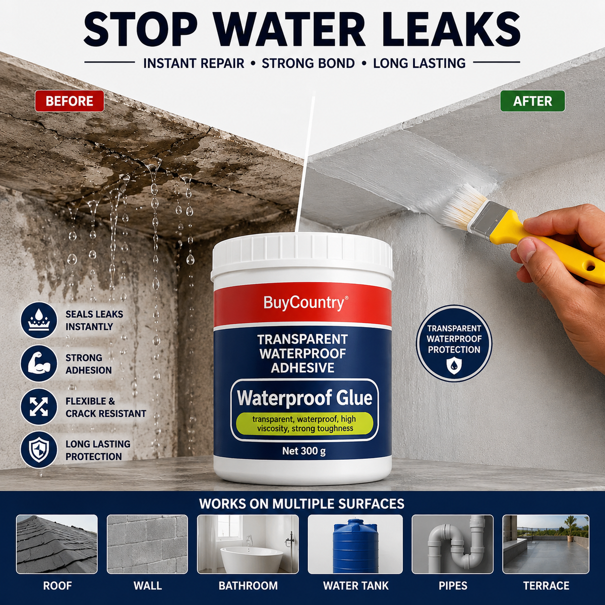 BuyCountry Anti-Leak Waterproof Kit (Pack of 2 + FREE Brush)